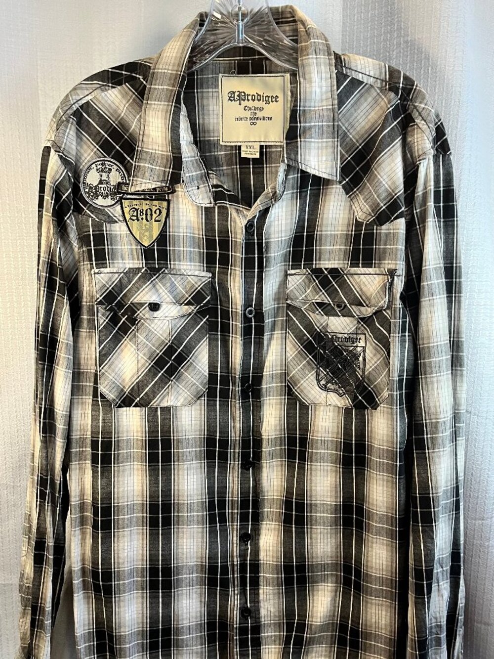 Vintage A.Prodigee Long-Sleeve Button-Down Black and Grey Plaid Shirt size XXL
